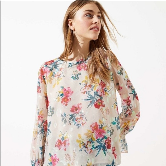 LOFT Floral Metallic Poet Ruffle Sleeve Blouse XSP - Picture 2 of 13
